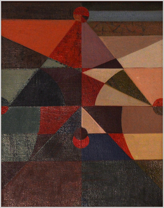 „Háromszögekből alakított álló alak geometrikus kompozíciója. Piros, kék, sárga, zöld színek. Ráfestve az 1942-ben készült Halászhálók сímű képre…  Az alsó (régi) kép: függőlegesek között kifeszített hálók vonalas rajza, vörös és zöld színek.” (Hárs Éva)