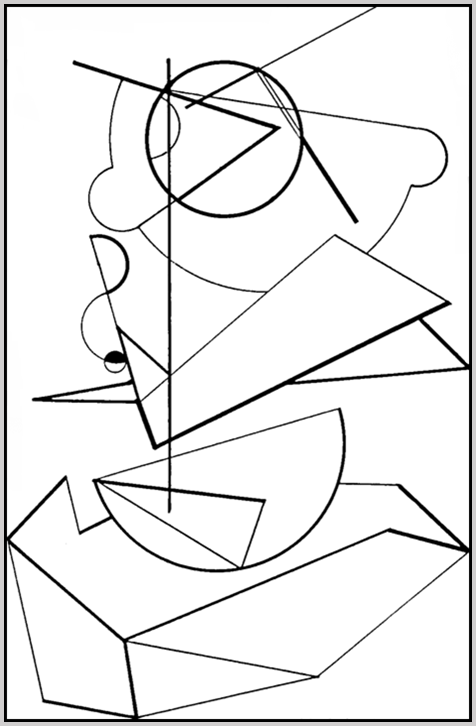 „Háromrészes kompozíció, geometrikus síkokból felépítve, függőleges egyenesre felfűzve. Asztallapon félköríves vázában függőleges szár körül virágok és növények erősen transzponált rajza. A Kompozíció három formával (1946) olajfestmény terve.” (Hárs Éva) 